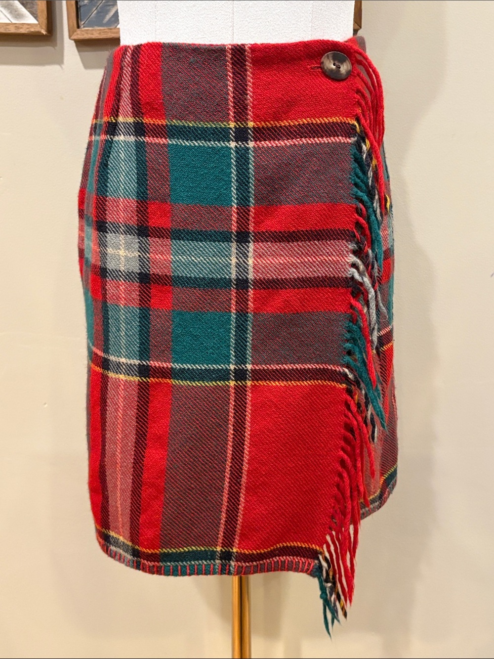 Vintage Ralph Lauren Country 90s Plaid Wool Woven Fringe Wrap Skirt size 6 - Picture 1 of 12